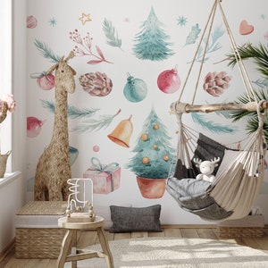 Christmas Wall Decals: Watercolor Birds, Trees, Ornaments, Peel & Stick