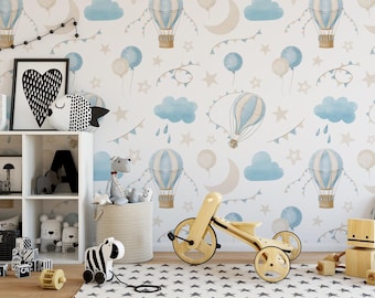 Kids Wallpaper Peel and Stick | Kids Blue Hot Air Balloon Wall Mural