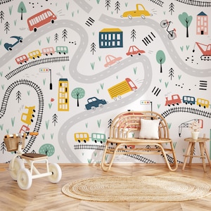 Papel tapiz de dibujos animados de coches, trenes y carreteras / Mural de pared con patrones / Papel tapiz autoadhesivo o pegable / Papel tapiz removible / Tamaño personalizado
