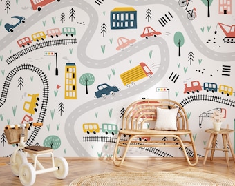 Cartoon auto's treinen en wegbehang | Patroon muurschildering | Peel and Stick zelfklevend of geplakt | Verwijderbaar behang | Aangepast formaat