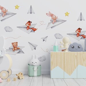 Watercolor Animals Wall Decals: Paper Airplane Nursery Decor