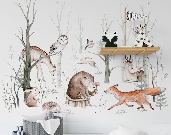 Peel & Stick 12 Woodland Animals Wall Decals Baby Bedroom Nursery Décor ...