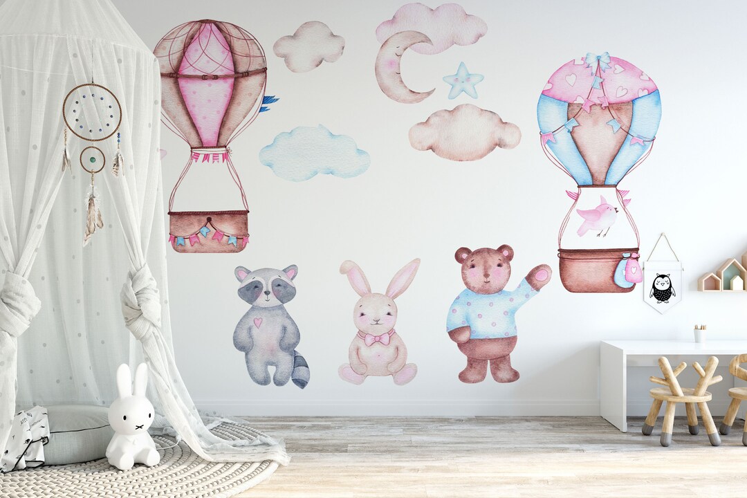 Watercolor Hot Air Balloon Wall Decal: Safari Animals Nursery Decor - Etsy