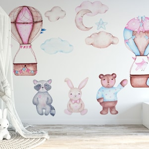 Hot Air Balloon Wall decal, Nursery decal Personalized Name, Watercolor Safari animals wall sticker, Baby girl, Jungle animal decor Wall art