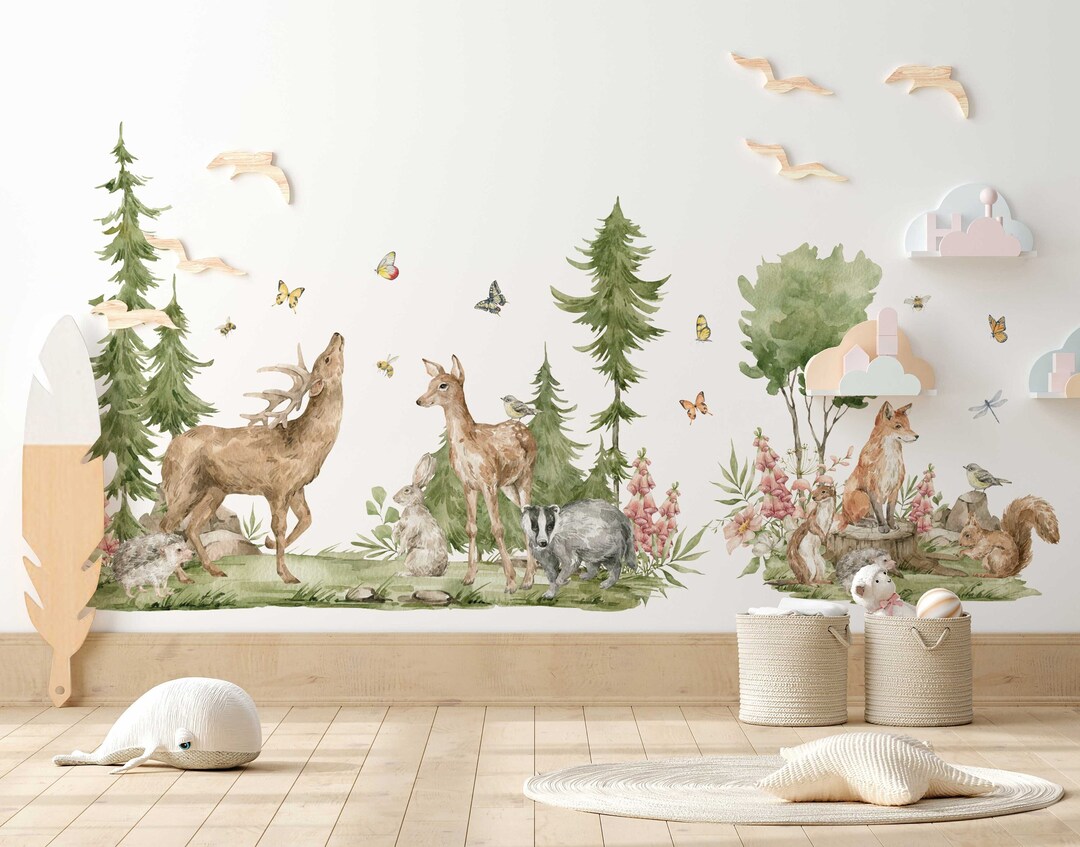 Forest Animals Wall Decal Cute Animals With Big Trees Wall Etsy