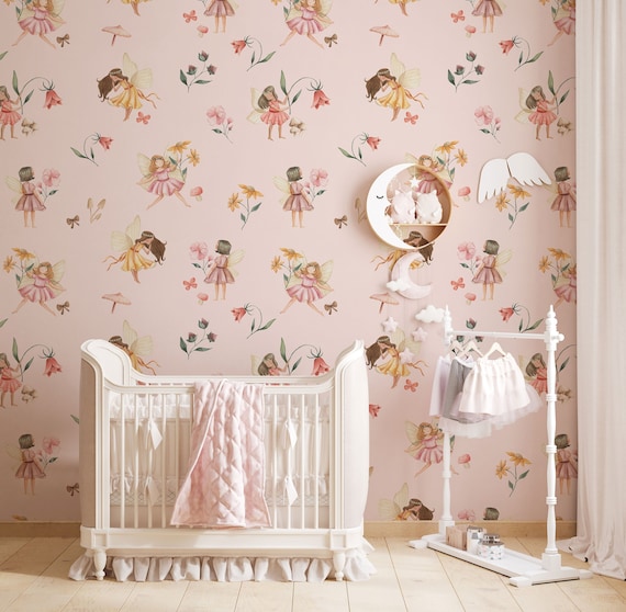 Pink Fairy Removable Wallpaper | Watercolor Fairies Wall Decor | Nursery Fairytale Mural