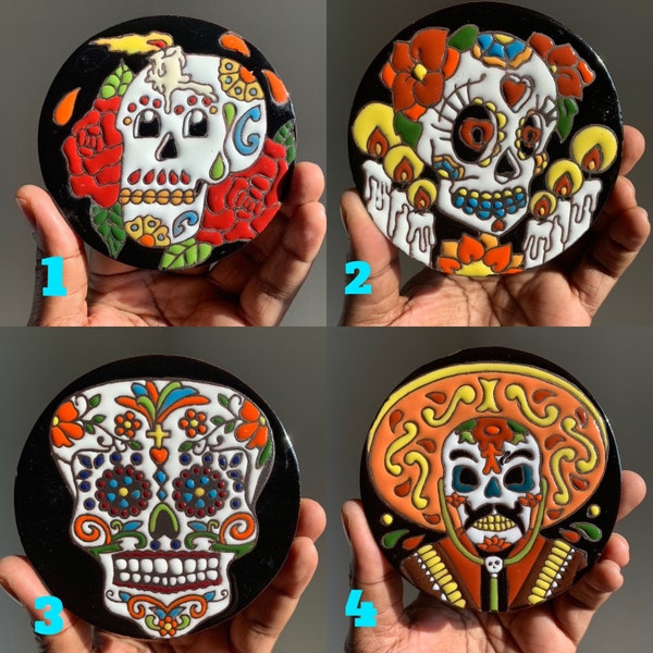 Talavera Mexican Decorative Tile | Skull Art | Day of the Dead Art | 4inch diameter | Mexico Artistic Tiles | Hand Painted