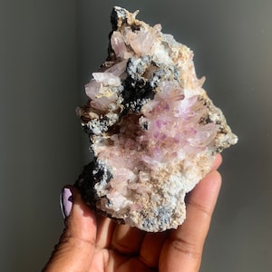 Puede incluir: Un cúmulo de cristales de amatista en una matriz natural. Los cristales son de color púrpura claro y tienen una variedad de formas y tamaños. La matriz es de color gris oscuro y tiene una textura rugosa.