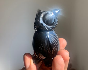 May include: A black obsidian owl carving. The owl is detailed with intricate carvings and has a shiny, polished finish.