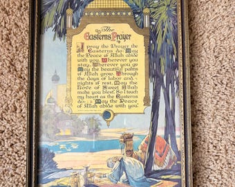 Lithographie encadrée vintage 1924 « La prière des Orientaux » - Buzza Motto Co. Art Déco