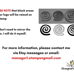 Puede incluir: Una ilustraci&oacute;n en blanco y negro de un dise&ntilde;o en espiral. El texto "PLEASE NOTE that black areas of your logo will be raised on the stamp" es visible. El texto "You don't need to mirror the image. I will do it myself." tambi&eacute;n es visible. El texto "For more information, please contact me via Etsy messages or email: managerl.stamps@gmail.com" es visible. El texto "Stampsworkshop" es visible.