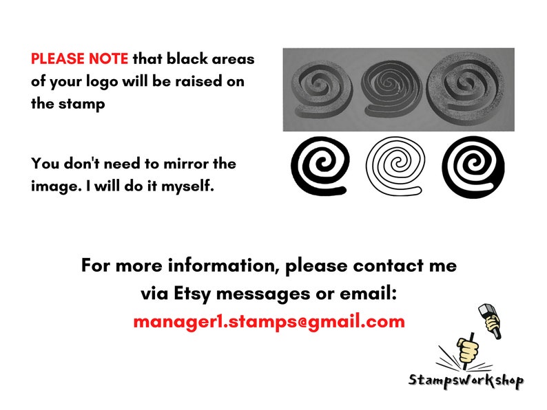 Puede incluir: Una ilustraci&oacute;n en blanco y negro de un dise&ntilde;o en espiral. El texto "PLEASE NOTE that black areas of your logo will be raised on the stamp" es visible. El texto "You don't need to mirror the image. I will do it myself." tambi&eacute;n es visible. El texto "For more information, please contact me via Etsy messages or email: managerl.stamps@gmail.com" es visible. El texto "Stampsworkshop" es visible.