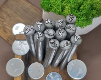 Conjunto de carimbos de design de flor de mês de nascimento em metal Marca de fabricante de joias personalizada Carimbo de metal com logotipo personalizado Carimbo de mão para joias DIY Carimbos de flores de nascimento