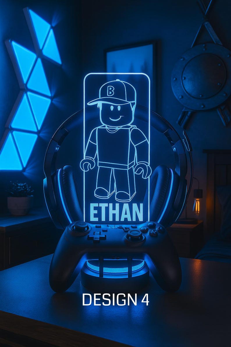 May include: A blue-lit gaming accessory featuring a cartoon character with the name "ETHAN" and the text "DESIGN 4". The design is set on a game controller base, with headphones and geometric wall panels in the background.