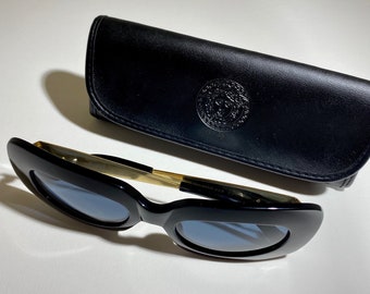Vintage Gianni Versace Sunglasses 1990s, thick black chunky plastic rectangle frame, rounded corners, medusa logo emblem, designer shades