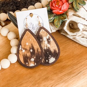 Cowhide & Wood Teardrop Western Boho Earrings