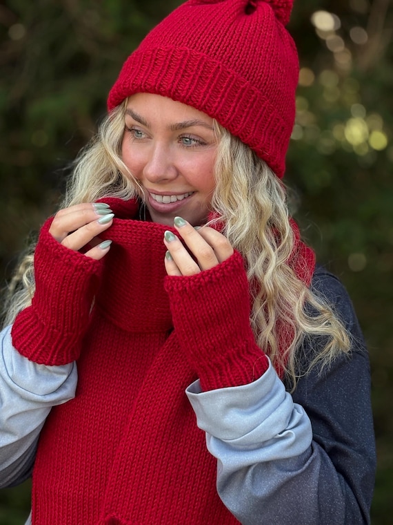 Red beanie with pompom and matching fingerless gloves Pompom Hat and Glove Set | Winter Beanie | Winter Hat  main image 3