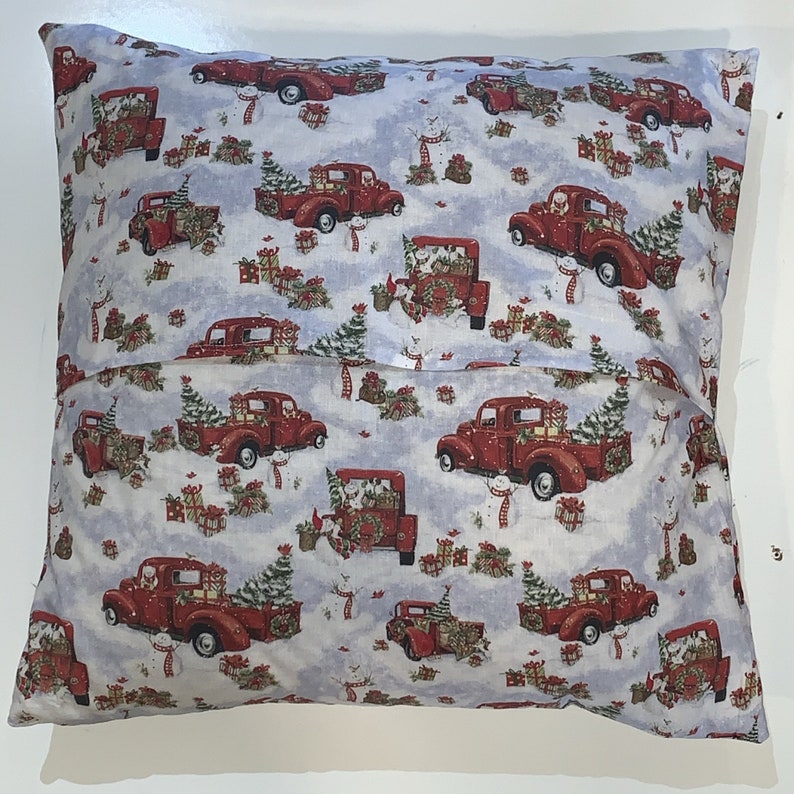 Vintage Truck and Snowman Christmas Pillow, Red Truck Pillow, Christmas