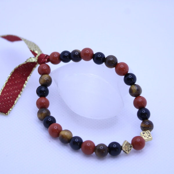 Bracelet "Courage, énergie et protection" en perles de pierre de jaspe rouge, œil de tigre et onyx.