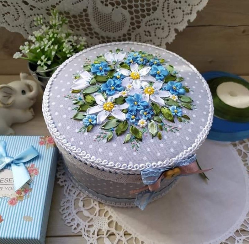 Casket with satin ribbon with embroidery in light blue colors. Etsy