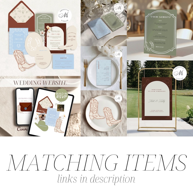 May include: A collection of wedding stationery including invitations, RSVP cards, menus, and signage featuring cowboy boot illustrations, horseshoe motifs, and arched designs in shades of blue, green, brown, and cream, displayed on paper and digital screens.