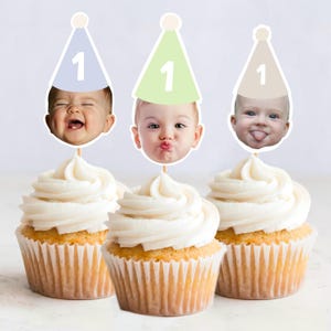 Topper per cupcake con volti personalizzati, foto per cappellino da festa, primo compleanno importante, foto per cappellino da festa, decorazione per cupcake, volto su bastoncino, file digitale