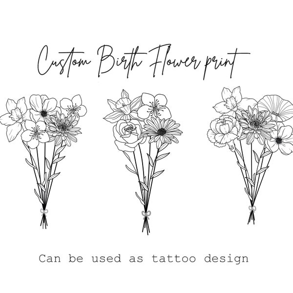 Custom Family Birth Flower Bouquet , Birth Month Flower , Flower Tattoo Design ,  Birth Flowers Line Art Print , Birth Logo Design Custom