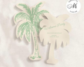 Puede incluir: Dos tarjetas troqueladas con forma de palmera en color crema con tinta verde salvia. Una tarjeta presenta una ilustración detallada de una palmera, mientras que la otra muestra el texto Welcome Party, Welcome Cocktails, Friday, 16th of July.