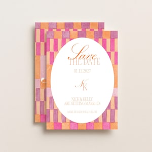Pink and Orange Save the Date Template Canva, Editable Save the Date, Hand Painted Tile Pattern, Colorful, Double-Sided, Digital Download