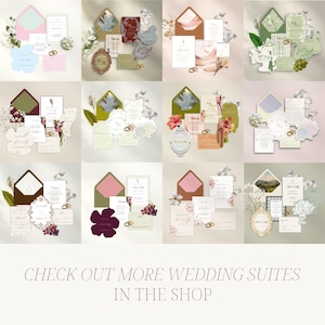 May include: A collection of twelve distinct wedding invitation suites featuring various colored envelopes, printed cards, decorative frames, and gold rings. The text at the bottom reads: CHECK OUT MORE WEDDING SUITES IN THE SHOP.