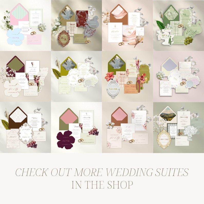 May include: A collection of twelve distinct wedding invitation suites featuring various colored envelopes, printed cards, decorative frames, and gold rings. The text at the bottom reads: CHECK OUT MORE WEDDING SUITES IN THE SHOP.
