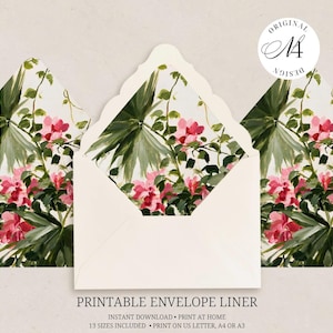 May include: A printable envelope liner featuring a painted botanical pattern of green palm leaves and vibrant pink flowers. The design includes a scalloped edge and a circular logo in the top right corner with the text Original Design M4.