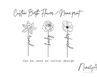 Custom Birth Flower Line Art Print: Personalized Name Design (Digital Download)
