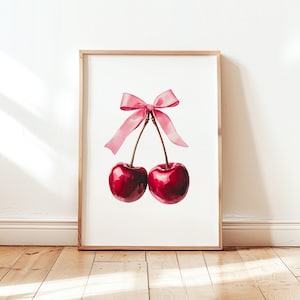 Impresión de arte de pared de cerezas, póster femenino imprimible, decoración de dormitorio de niña suave y coqueta en rosa, arte de pared de moda, impresión de apartamento universitario preppy