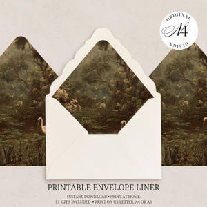 May include: A white envelope with a decorative liner featuring a dark, moody landscape painting of a swamp with white birds, lily pads, and dense trees. A circular white logo in the top right corner contains the text Original Design M4.
