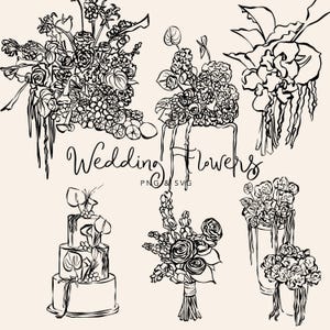 Bröllopsblommor Clipart-paket, handritad linjekonstbukett PNG SVG, blommig bröllopstårteillustration