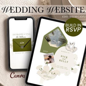 May include: A digital wedding website template displayed on a smartphone and tablet. The design features olive green envelopes, swan illustrations, and floral accents. Text includes "WEDDING WEBSITE," "EDIT WITH CANVA," "BUILD IN RSVP," and "NICK AND KELLY."