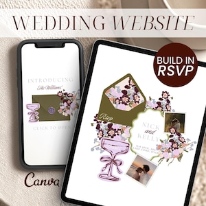 May include: A smartphone and a tablet displaying a wedding website template with floral graphics, a champagne glass illustration, and the text "Introducing The Williams," "Nick and Kelly," "May 10th, 2027," "Lake Como, Italy," and "Build in RSVP."