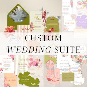 May include: A custom wedding suite featuring various paper stationery items including invitations, RSVP cards, and detail cards. The designs incorporate floral illustrations, striped patterns, and a pink cowboy boot graphic with text reading CUSTOM WEDDING SUITE.