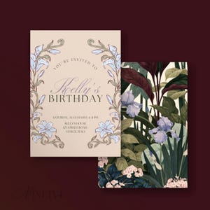 May include: A rectangular birthday invitation card with a cream background, featuring light blue floral borders and text reading: YOU'RE INVITED TO Kelly's BIRTHDAY, SATURDAY, AUGUST 6TH | 6-11 PM, KELLY'S HOUSE, 123 STREET ROAD, VENICE, ITALY. Beside it is a botanical print.