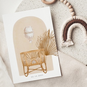 Birth Announcement, Boho Baby Announcement Card, Newborn, Welcome Card, Minimalist, Editable Template, Instant Download, Canva Template
