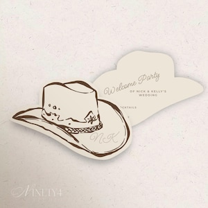 Op de afbeelding: Een gestanste kaart in de vorm van een cowboyhoed met bruine lijntekeningen. De kaart bevat de tekst Welcome Party of Nick & Kelly's Wedding, Cocktails en de initialen NK. Het ontwerp is gedrukt op licht cr&egrave;mekleurig papier.