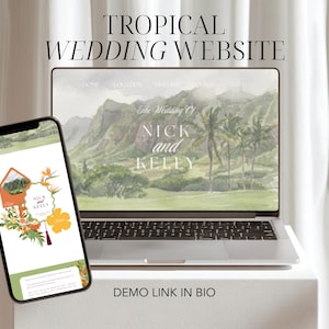 May include: A laptop and a smartphone displaying a tropical wedding website template. The screens feature watercolor illustrations of mountains and palm trees with the text The Wedding Of NICK and KELLY. The text TROPICAL WEDDING WEBSITE and DEMO LINK IN BIO are visible.