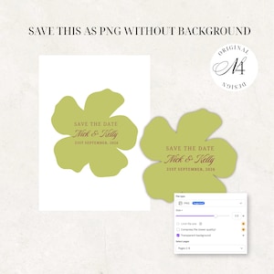 Op de afbeelding: Een digitaal save the date kaartontwerp in de vorm van een olijfgroene bloem. De tekst luidt SAVE THE DATE, Nick & Kelly en 21ST SEPTEMBER, 2026. Een klein rond logo met de tekst ORIGINAL DESIGN M4 is rechtsboven zichtbaar.