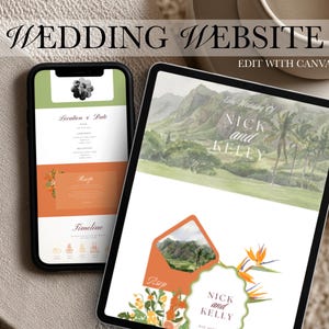 May include: A smartphone and a tablet displaying a wedding website template with the text WEDDING WEBSITE, EDIT WITH CANVA, NICK AND KELLY, Location & Date, Rsvp, and Timeline. The design features watercolor landscapes and floral illustrations.