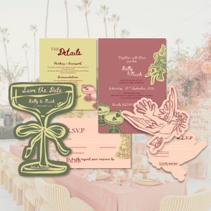 May include: A collection of wedding stationery, including a "Save the Date" card in the shape of a champagne glass, RSVP cards, and invitation cards. The color palette includes olive green, dusty rose, and cream. The text includes the names "Kelly & Nick" and the date "September 2026".