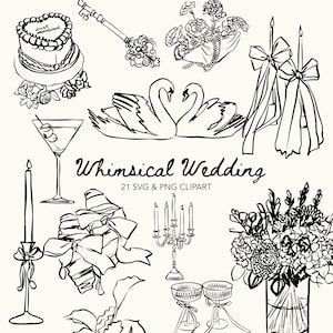 May include: A collection of black and white line art illustrations featuring a heart-shaped cake with the text Just Married, a key, floral arrangements, two swans, candles with bows, a martini glass, and the text Whimsical Wedding 21 SVG & PNG CLIPART.