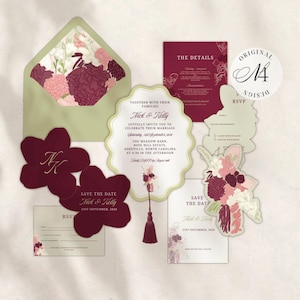 May include: A wedding stationery set featuring a sage green envelope with a floral liner, a scalloped invitation with a tassel, burgundy and cream cards, and RSVP forms. Text includes "Together with their families Nick & Kelly" and "The Details."