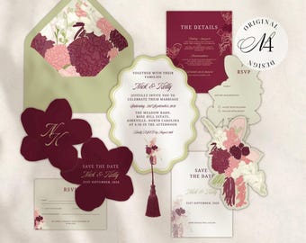 May include: A wedding stationery set featuring a sage green envelope with a floral liner, a scalloped invitation with a tassel, burgundy and cream cards, and RSVP forms. Text includes "Together with their families Nick & Kelly" and "The Details."