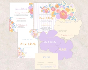 May include: A collection of wedding stationery, including invitations, RSVP cards, and a 'Save the Date' card. The designs feature floral arrangements in pastel colors and include the names "Nick & Kelly". The stationery is arranged on a light-colored surface.